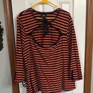 Unique Vintage orange and black striped cutout 3/4-sleeve top with ribbon tie